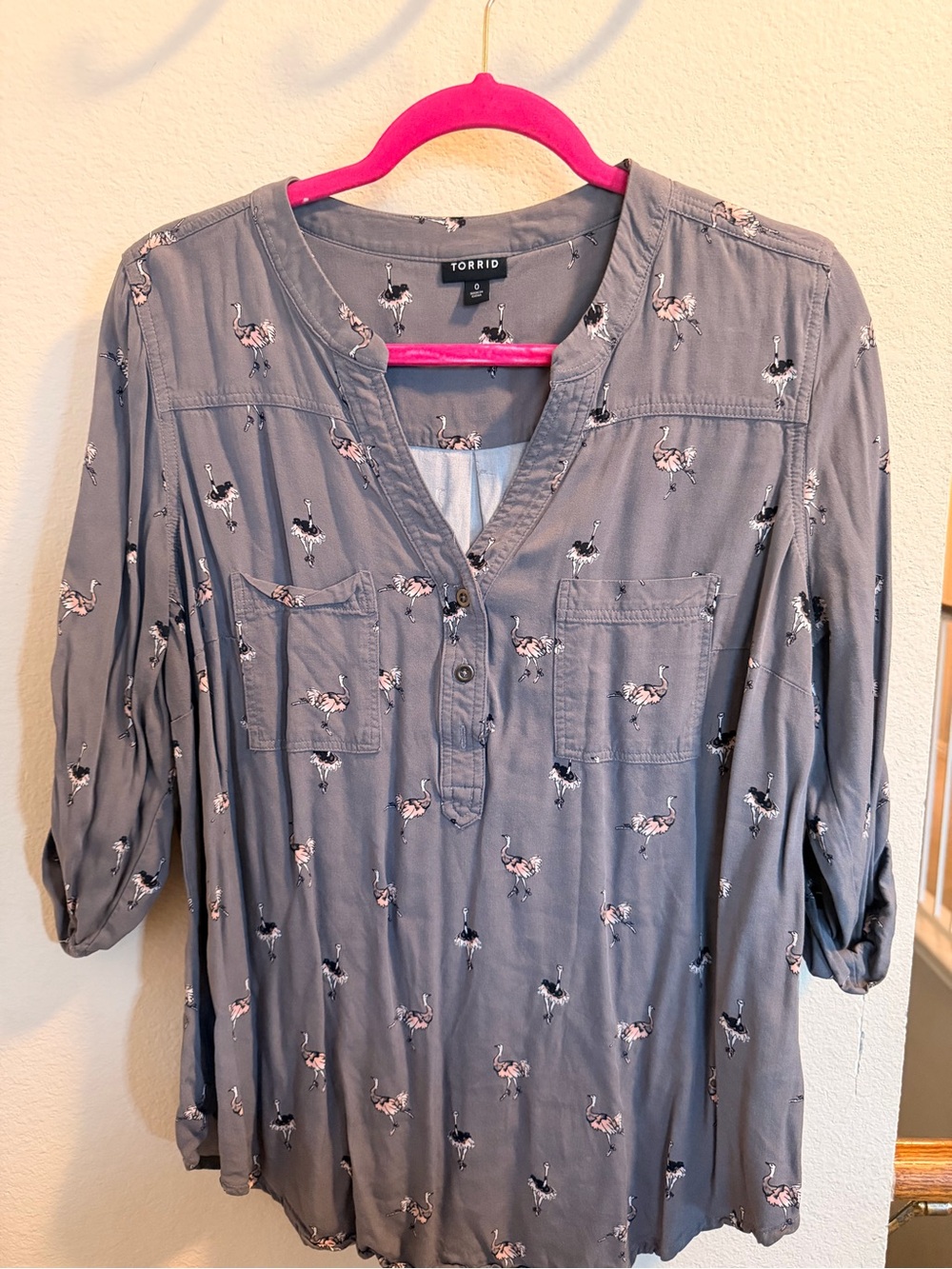 torrid Gray Henley Blouse with Pink & Black Flamingo Print
